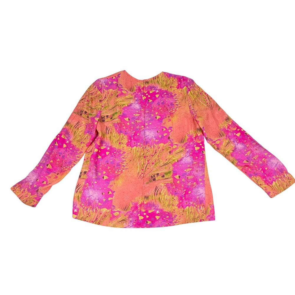 Mirella Cavorso Silk Blouse M Pink Orange Print Long Sleeve Top Vintage Work Fun - Picture 3 of 11